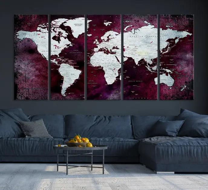 The Push Pin World Map Wall Art, featuring a sophisticated design on a purple background, is expertly crafted on gallery-wrapped canvas.