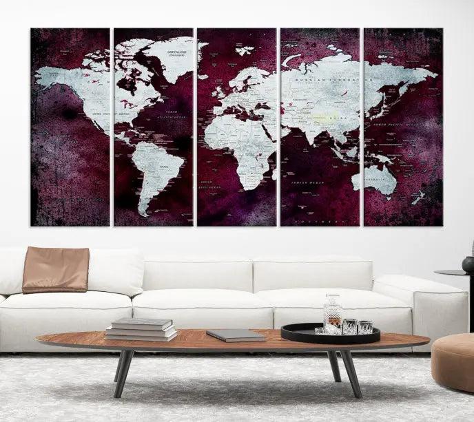 The Push Pin World Map Wall Art, featuring a sophisticated design on a purple background, is expertly crafted on gallery-wrapped canvas.