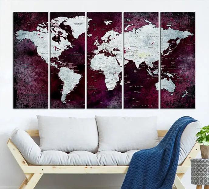 The Push Pin World Map Wall Art, featuring a sophisticated design on a purple background, is expertly crafted on gallery-wrapped canvas.