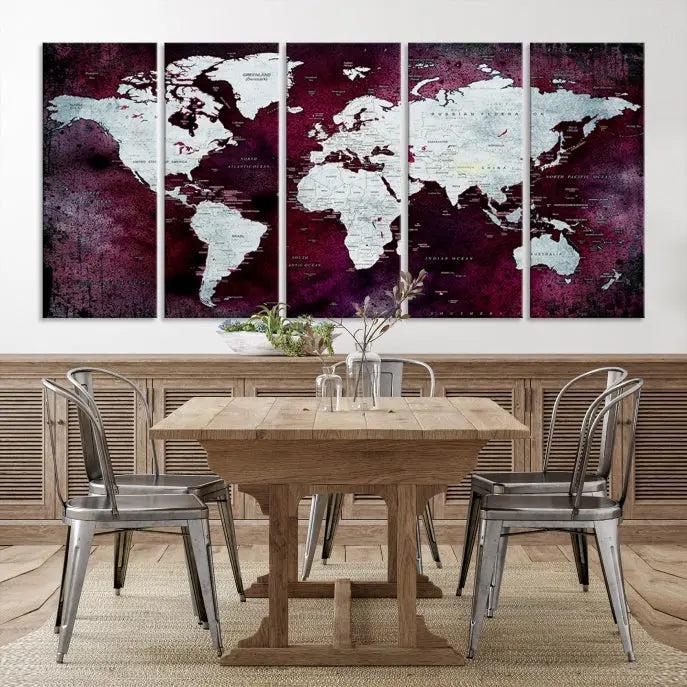 The Push Pin World Map Wall Art, featuring a sophisticated design on a purple background, is expertly crafted on gallery-wrapped canvas.