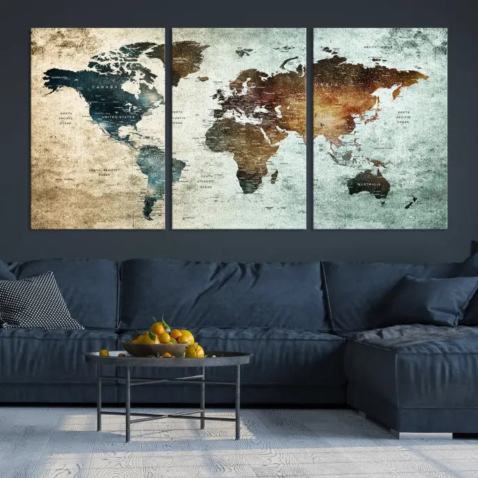 The modern living room features the museum-quality "Push Pin World Map Watercolor Wall Art Canvas Print" adorning the dark wall.