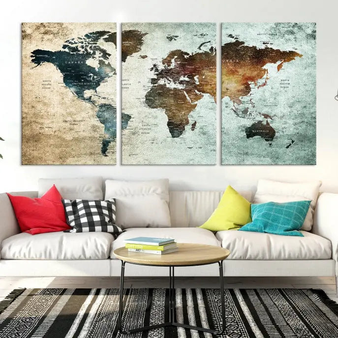 The modern living room features the museum-quality "Push Pin World Map Watercolor Wall Art Canvas Print" adorning the dark wall.