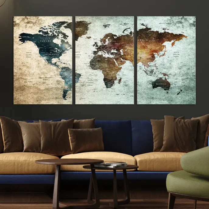 The modern living room features the museum-quality "Push Pin World Map Watercolor Wall Art Canvas Print" adorning the dark wall.