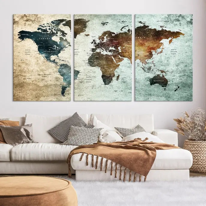 The modern living room features the museum-quality "Push Pin World Map Watercolor Wall Art Canvas Print" adorning the dark wall.