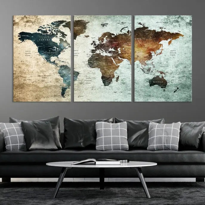 The modern living room features the museum-quality "Push Pin World Map Watercolor Wall Art Canvas Print" adorning the dark wall.