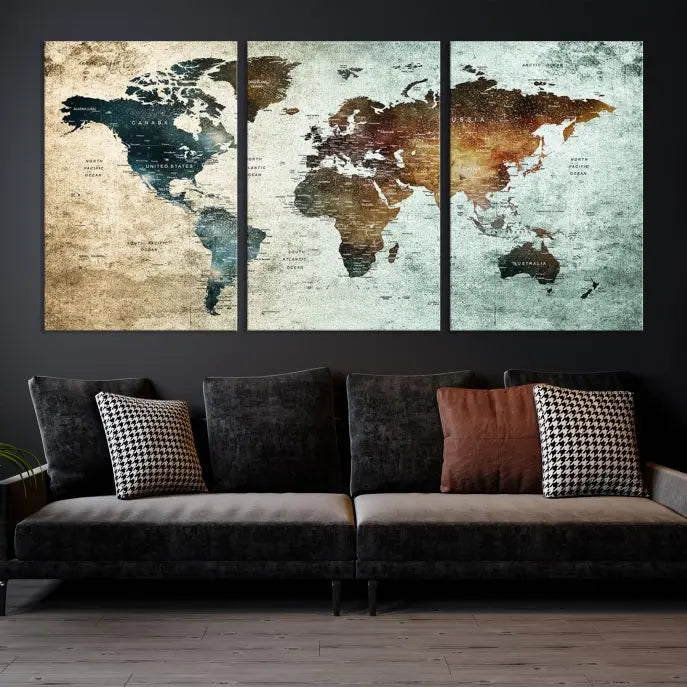 The modern living room features the museum-quality "Push Pin World Map Watercolor Wall Art Canvas Print" adorning the dark wall.