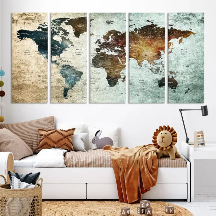 The modern living room features the museum-quality "Push Pin World Map Watercolor Wall Art Canvas Print" adorning the dark wall.