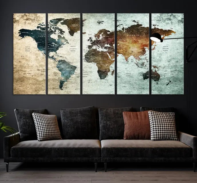 The modern living room features the museum-quality "Push Pin World Map Watercolor Wall Art Canvas Print" adorning the dark wall.