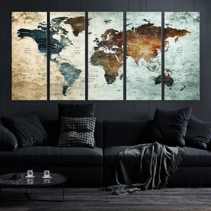 The modern living room features the museum-quality "Push Pin World Map Watercolor Wall Art Canvas Print" adorning the dark wall.