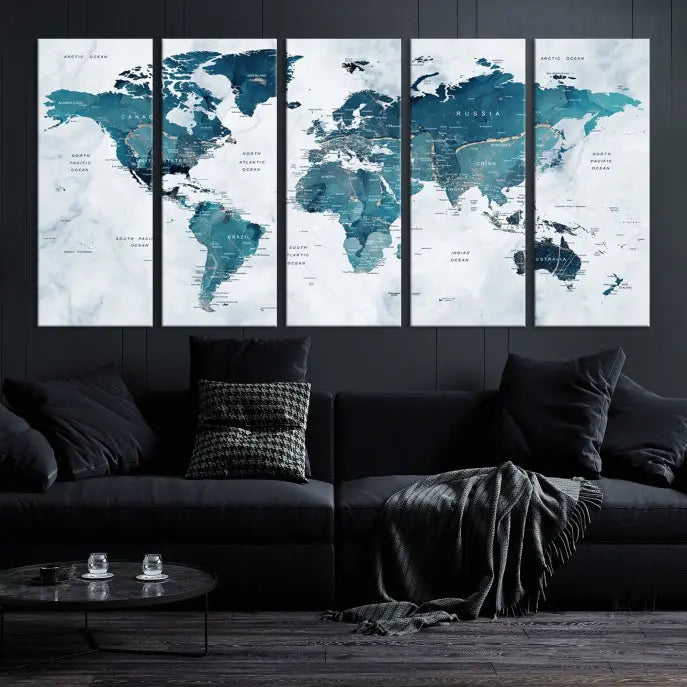 The Push Pin World Map Watercolor Wall Art Canvas Print, designed in soothing shades of blue and printed on museum-quality canvas with a UV-protective coating, elegantly hangs as a stunning piece. Enjoy free shipping on this artwork.