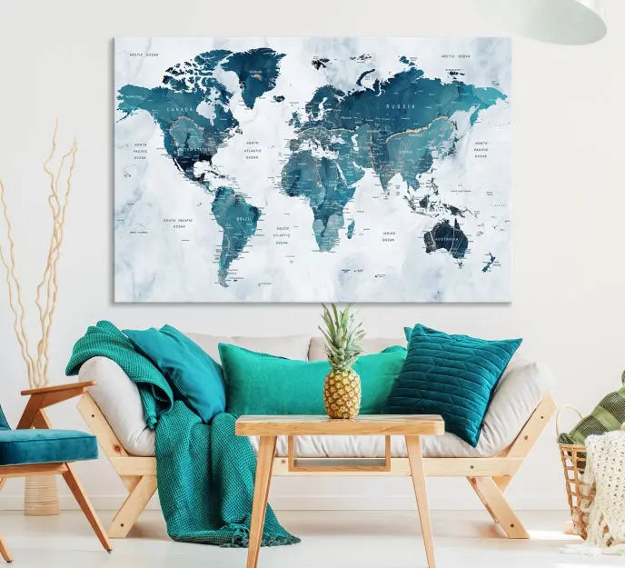 The Push Pin World Map Watercolor Wall Art Canvas Print, designed in soothing shades of blue and printed on museum-quality canvas with a UV-protective coating, elegantly hangs as a stunning piece. Enjoy free shipping on this artwork.