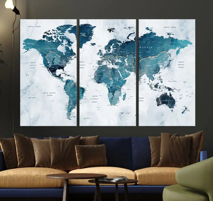 The Push Pin World Map Watercolor Wall Art Canvas Print, designed in soothing shades of blue and printed on museum-quality canvas with a UV-protective coating, elegantly hangs as a stunning piece. Enjoy free shipping on this artwork.