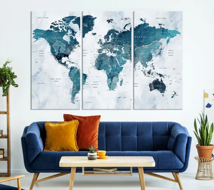 The Push Pin World Map Watercolor Wall Art Canvas Print, designed in soothing shades of blue and printed on museum-quality canvas with a UV-protective coating, elegantly hangs as a stunning piece. Enjoy free shipping on this artwork.