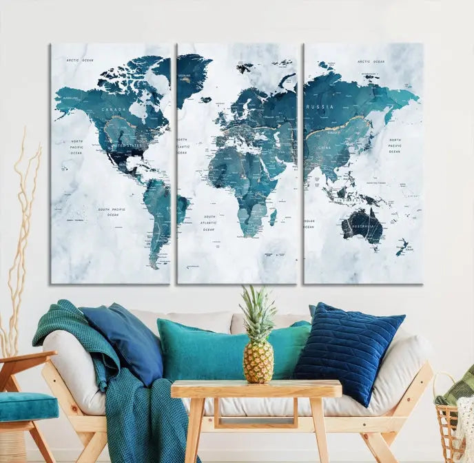 The Push Pin World Map Watercolor Wall Art Canvas Print, designed in soothing shades of blue and printed on museum-quality canvas with a UV-protective coating, elegantly hangs as a stunning piece. Enjoy free shipping on this artwork.