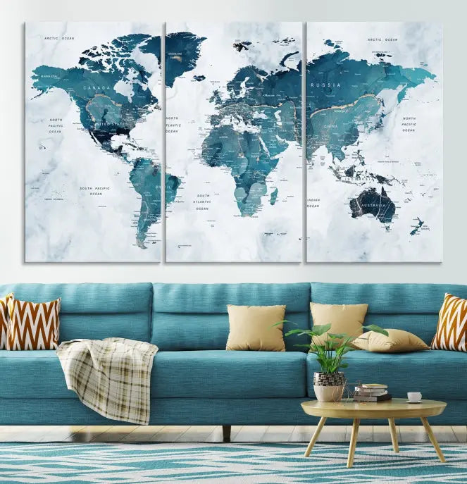 The Push Pin World Map Watercolor Wall Art Canvas Print, designed in soothing shades of blue and printed on museum-quality canvas with a UV-protective coating, elegantly hangs as a stunning piece. Enjoy free shipping on this artwork.