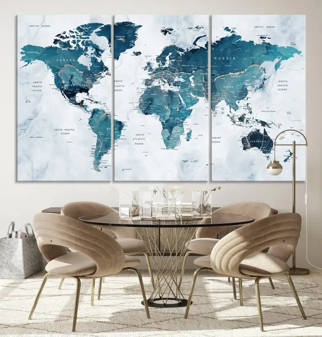 The Push Pin World Map Watercolor Wall Art Canvas Print, designed in soothing shades of blue and printed on museum-quality canvas with a UV-protective coating, elegantly hangs as a stunning piece. Enjoy free shipping on this artwork.