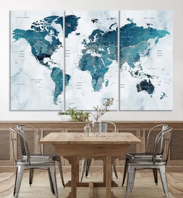 The Push Pin World Map Watercolor Wall Art Canvas Print, designed in soothing shades of blue and printed on museum-quality canvas with a UV-protective coating, elegantly hangs as a stunning piece. Enjoy free shipping on this artwork.