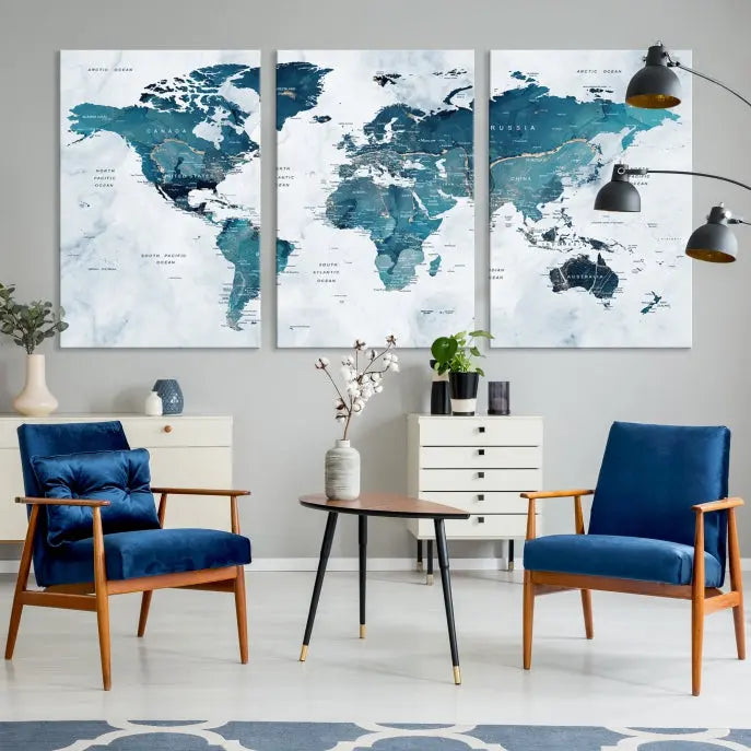 The Push Pin World Map Watercolor Wall Art Canvas Print, designed in soothing shades of blue and printed on museum-quality canvas with a UV-protective coating, elegantly hangs as a stunning piece. Enjoy free shipping on this artwork.