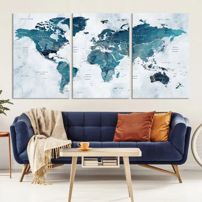 The Push Pin World Map Watercolor Wall Art Canvas Print, designed in soothing shades of blue and printed on museum-quality canvas with a UV-protective coating, elegantly hangs as a stunning piece. Enjoy free shipping on this artwork.