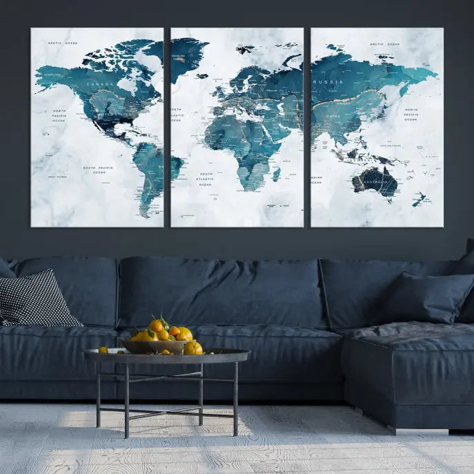 The Push Pin World Map Watercolor Wall Art Canvas Print, designed in soothing shades of blue and printed on museum-quality canvas with a UV-protective coating, elegantly hangs as a stunning piece. Enjoy free shipping on this artwork.