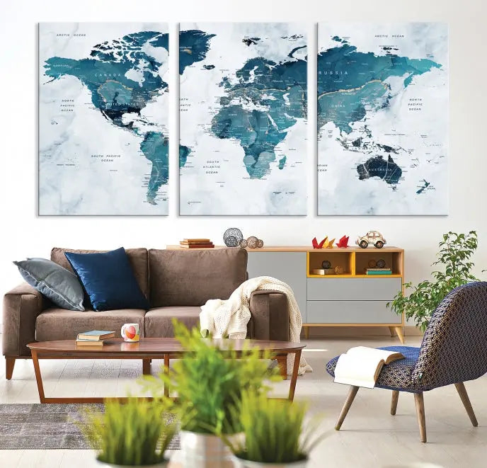 The Push Pin World Map Watercolor Wall Art Canvas Print, designed in soothing shades of blue and printed on museum-quality canvas with a UV-protective coating, elegantly hangs as a stunning piece. Enjoy free shipping on this artwork.