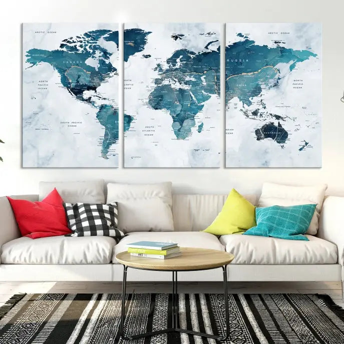 The Push Pin World Map Watercolor Wall Art Canvas Print, designed in soothing shades of blue and printed on museum-quality canvas with a UV-protective coating, elegantly hangs as a stunning piece. Enjoy free shipping on this artwork.