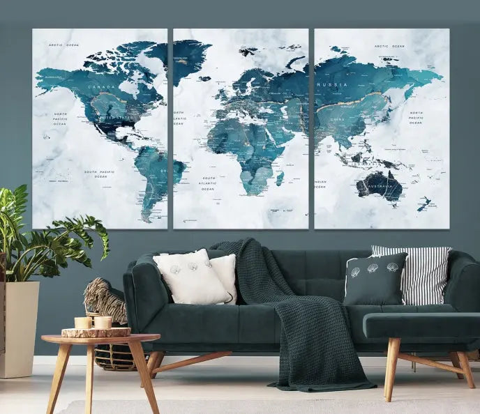 The Push Pin World Map Watercolor Wall Art Canvas Print, designed in soothing shades of blue and printed on museum-quality canvas with a UV-protective coating, elegantly hangs as a stunning piece. Enjoy free shipping on this artwork.