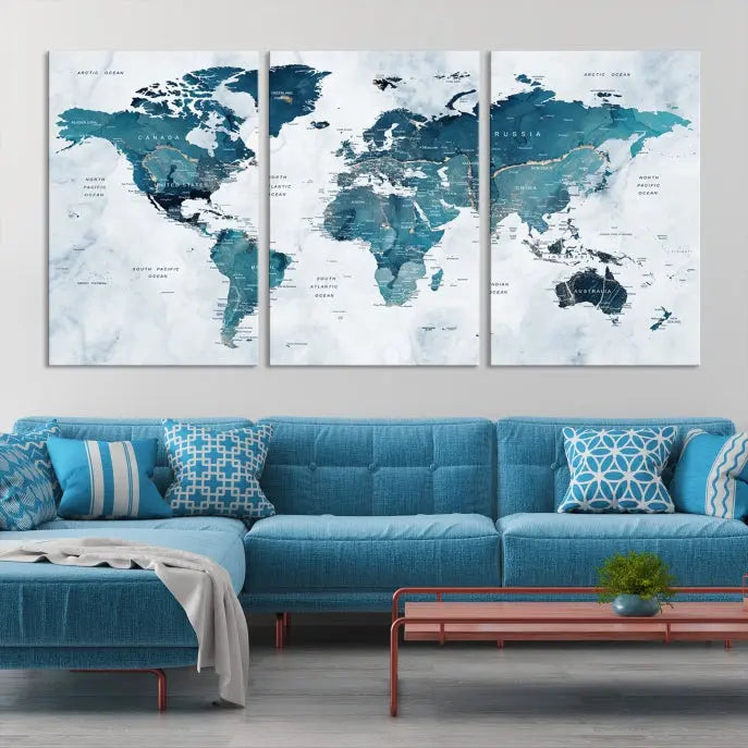 The Push Pin World Map Watercolor Wall Art Canvas Print, designed in soothing shades of blue and printed on museum-quality canvas with a UV-protective coating, elegantly hangs as a stunning piece. Enjoy free shipping on this artwork.