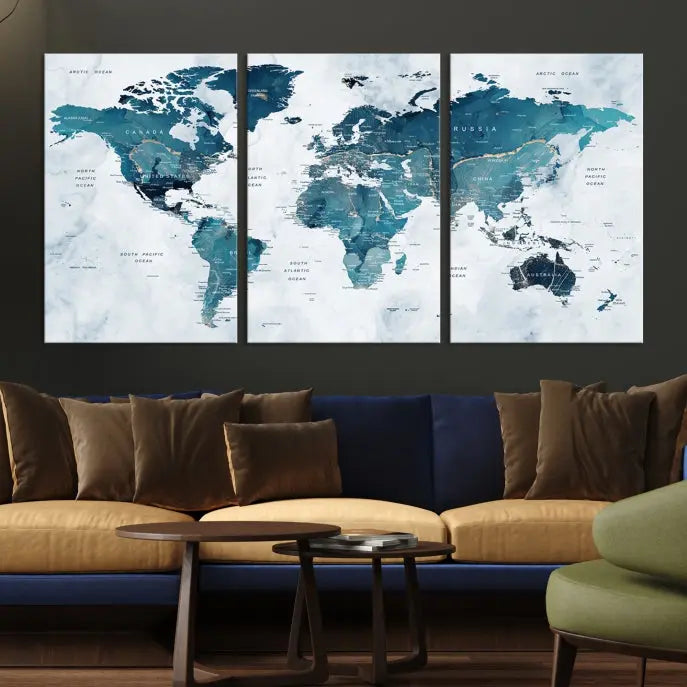 The Push Pin World Map Watercolor Wall Art Canvas Print, designed in soothing shades of blue and printed on museum-quality canvas with a UV-protective coating, elegantly hangs as a stunning piece. Enjoy free shipping on this artwork.