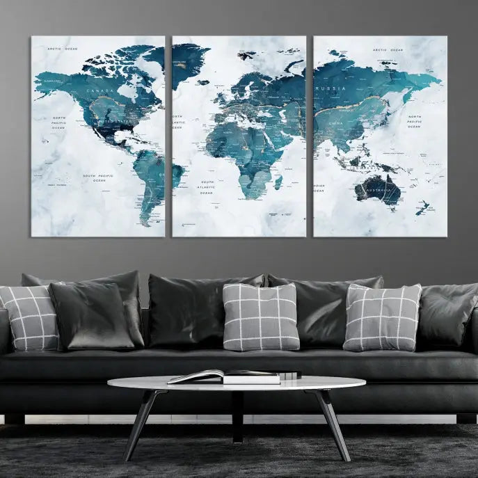 The Push Pin World Map Watercolor Wall Art Canvas Print, designed in soothing shades of blue and printed on museum-quality canvas with a UV-protective coating, elegantly hangs as a stunning piece. Enjoy free shipping on this artwork.