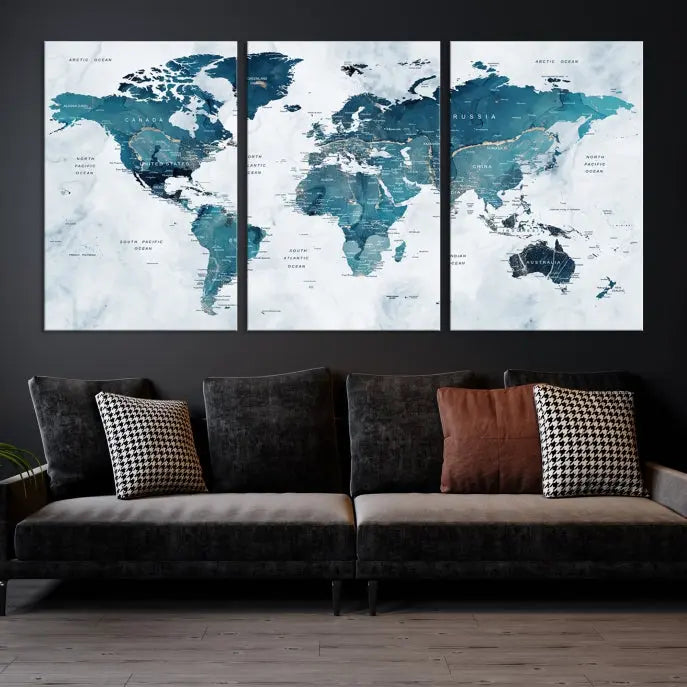 The Push Pin World Map Watercolor Wall Art Canvas Print, designed in soothing shades of blue and printed on museum-quality canvas with a UV-protective coating, elegantly hangs as a stunning piece. Enjoy free shipping on this artwork.