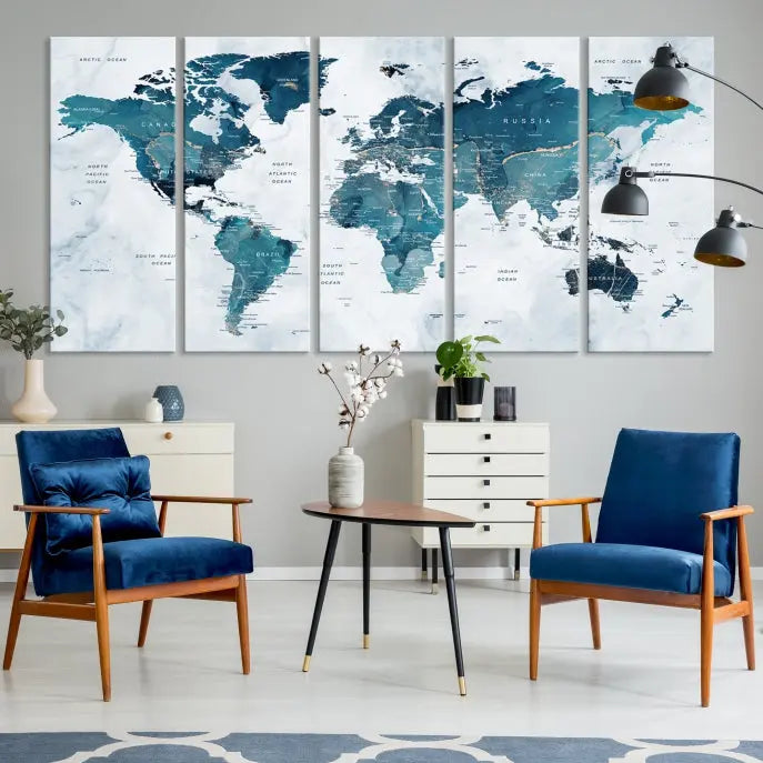 The Push Pin World Map Watercolor Wall Art Canvas Print, designed in soothing shades of blue and printed on museum-quality canvas with a UV-protective coating, elegantly hangs as a stunning piece. Enjoy free shipping on this artwork.