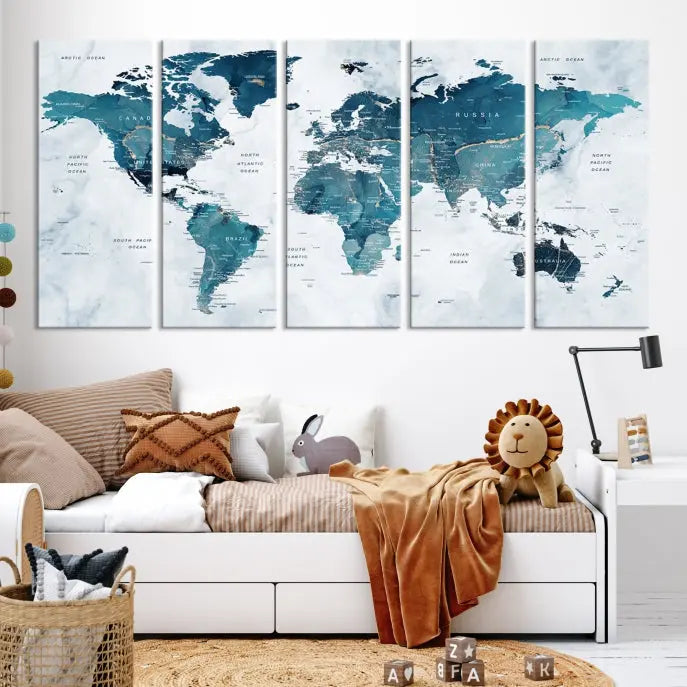 The Push Pin World Map Watercolor Wall Art Canvas Print, designed in soothing shades of blue and printed on museum-quality canvas with a UV-protective coating, elegantly hangs as a stunning piece. Enjoy free shipping on this artwork.