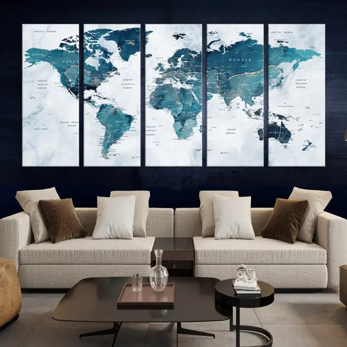 The Push Pin World Map Watercolor Wall Art Canvas Print, designed in soothing shades of blue and printed on museum-quality canvas with a UV-protective coating, elegantly hangs as a stunning piece. Enjoy free shipping on this artwork.