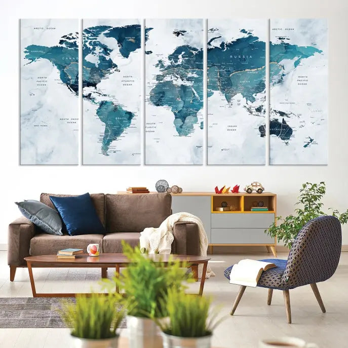 The Push Pin World Map Watercolor Wall Art Canvas Print, designed in soothing shades of blue and printed on museum-quality canvas with a UV-protective coating, elegantly hangs as a stunning piece. Enjoy free shipping on this artwork.