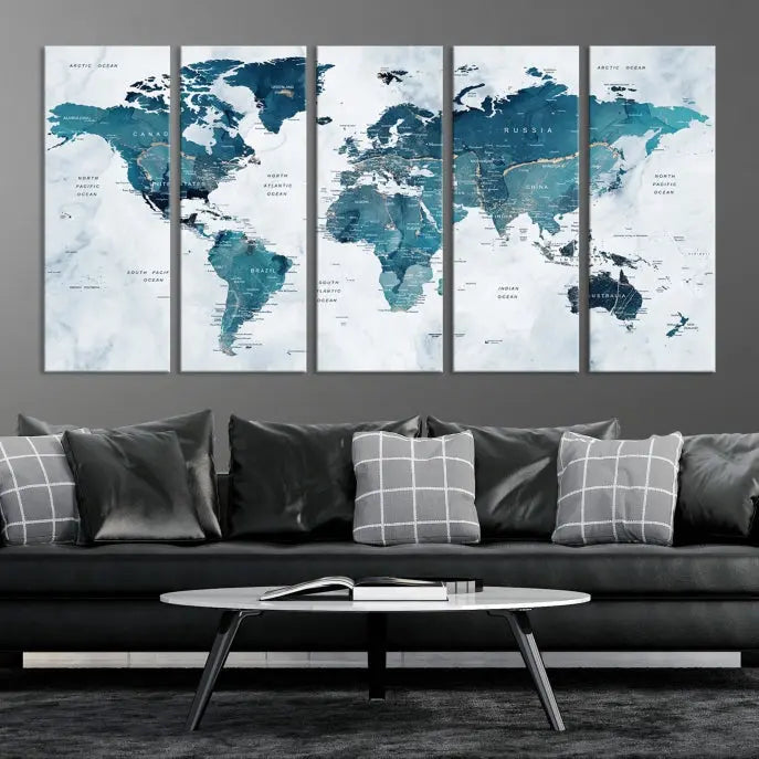 The Push Pin World Map Watercolor Wall Art Canvas Print, designed in soothing shades of blue and printed on museum-quality canvas with a UV-protective coating, elegantly hangs as a stunning piece. Enjoy free shipping on this artwork.