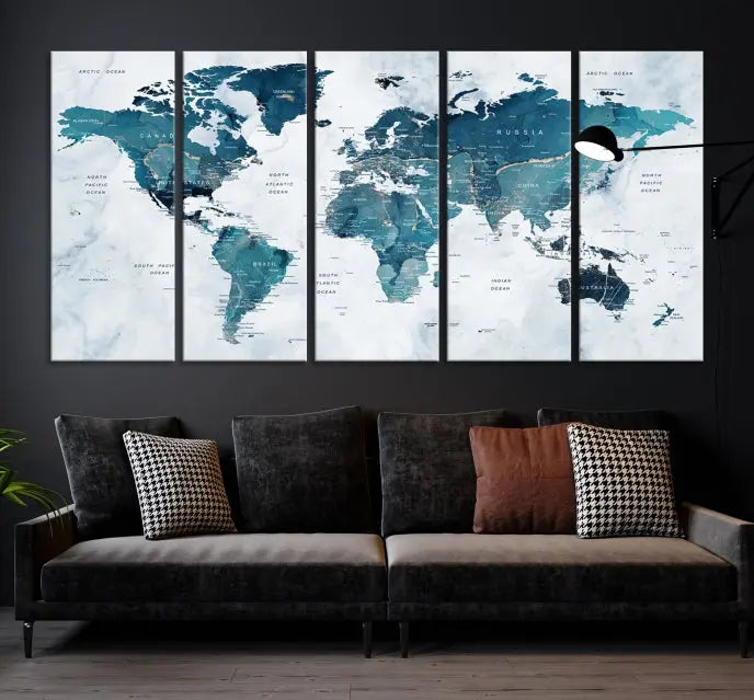 The Push Pin World Map Watercolor Wall Art Canvas Print, designed in soothing shades of blue and printed on museum-quality canvas with a UV-protective coating, elegantly hangs as a stunning piece. Enjoy free shipping on this artwork.