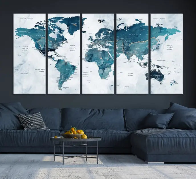 The Push Pin World Map Watercolor Wall Art Canvas Print, designed in soothing shades of blue and printed on museum-quality canvas with a UV-protective coating, elegantly hangs as a stunning piece. Enjoy free shipping on this artwork.