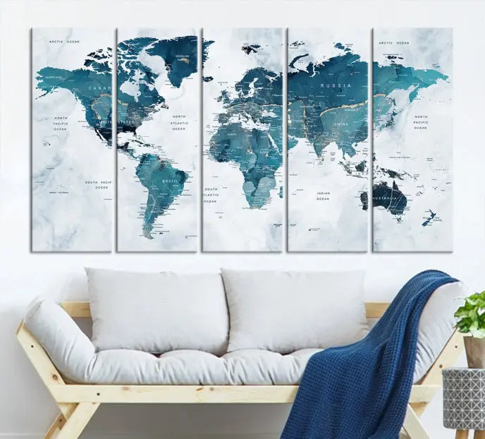 The Push Pin World Map Watercolor Wall Art Canvas Print, designed in soothing shades of blue and printed on museum-quality canvas with a UV-protective coating, elegantly hangs as a stunning piece. Enjoy free shipping on this artwork.