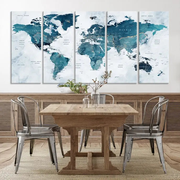 The Push Pin World Map Watercolor Wall Art Canvas Print, designed in soothing shades of blue and printed on museum-quality canvas with a UV-protective coating, elegantly hangs as a stunning piece. Enjoy free shipping on this artwork.