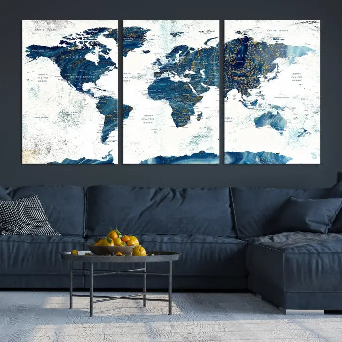 A three-panel "Push Pin World Map Watercolor Wall Art Canvas Print," crafted by a professional artisan, hangs with elegance. This masterpiece, printed on museum-quality canvas, will arrive with free shipping to grace your space effortlessly.