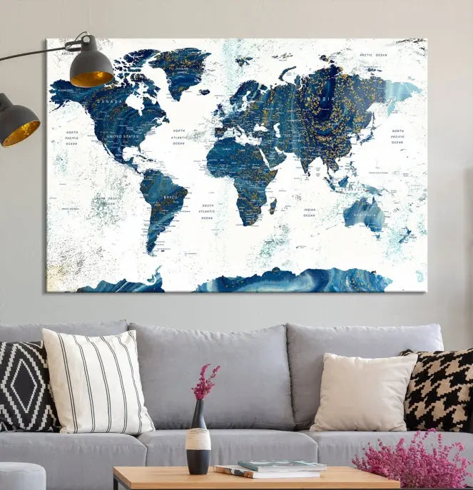 A three-panel "Push Pin World Map Watercolor Wall Art Canvas Print," crafted by a professional artisan, hangs with elegance. This masterpiece, printed on museum-quality canvas, will arrive with free shipping to grace your space effortlessly.