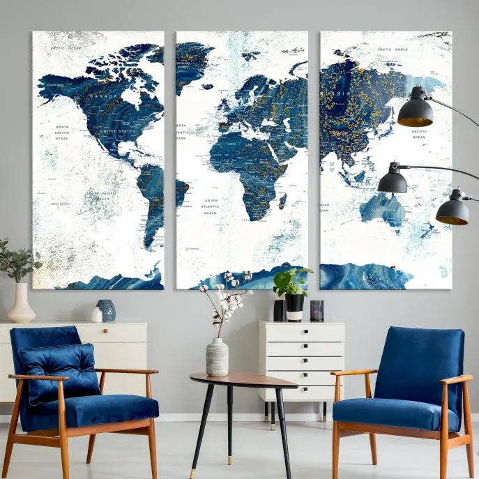 A three-panel "Push Pin World Map Watercolor Wall Art Canvas Print," crafted by a professional artisan, hangs with elegance. This masterpiece, printed on museum-quality canvas, will arrive with free shipping to grace your space effortlessly.