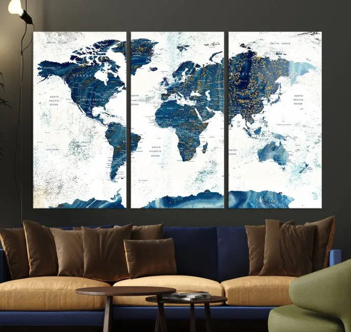 A three-panel "Push Pin World Map Watercolor Wall Art Canvas Print," crafted by a professional artisan, hangs with elegance. This masterpiece, printed on museum-quality canvas, will arrive with free shipping to grace your space effortlessly.