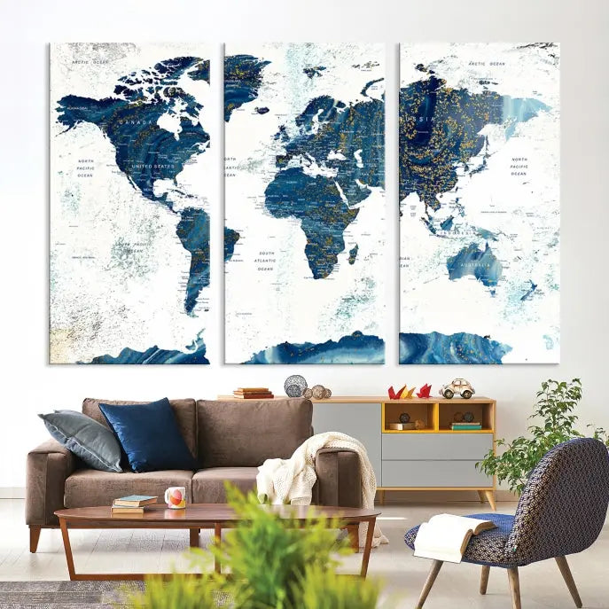 A three-panel "Push Pin World Map Watercolor Wall Art Canvas Print," crafted by a professional artisan, hangs with elegance. This masterpiece, printed on museum-quality canvas, will arrive with free shipping to grace your space effortlessly.