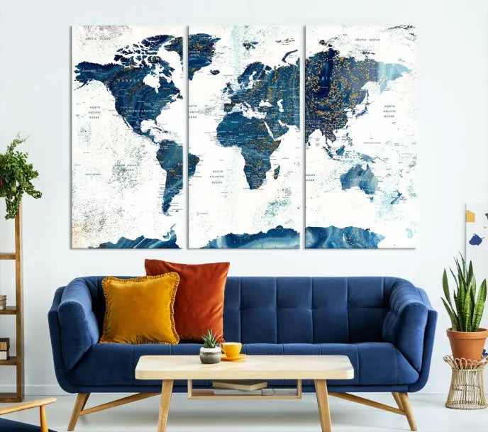 A three-panel "Push Pin World Map Watercolor Wall Art Canvas Print," crafted by a professional artisan, hangs with elegance. This masterpiece, printed on museum-quality canvas, will arrive with free shipping to grace your space effortlessly.