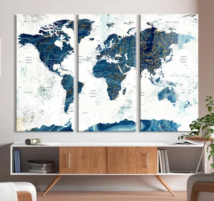 A three-panel "Push Pin World Map Watercolor Wall Art Canvas Print," crafted by a professional artisan, hangs with elegance. This masterpiece, printed on museum-quality canvas, will arrive with free shipping to grace your space effortlessly.