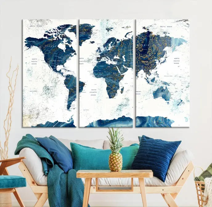 A three-panel "Push Pin World Map Watercolor Wall Art Canvas Print," crafted by a professional artisan, hangs with elegance. This masterpiece, printed on museum-quality canvas, will arrive with free shipping to grace your space effortlessly.