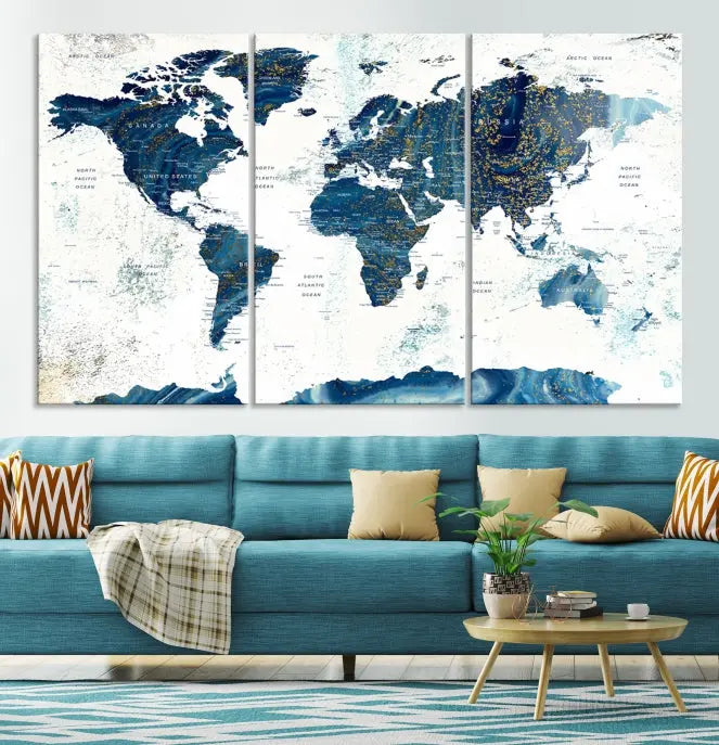 A three-panel "Push Pin World Map Watercolor Wall Art Canvas Print," crafted by a professional artisan, hangs with elegance. This masterpiece, printed on museum-quality canvas, will arrive with free shipping to grace your space effortlessly.