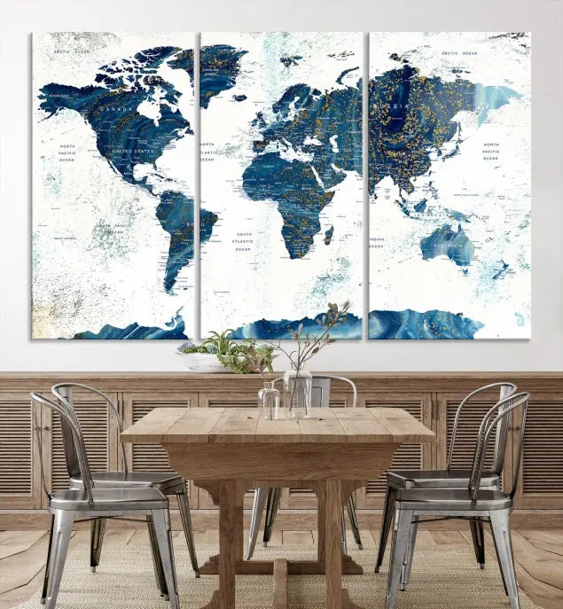 A three-panel "Push Pin World Map Watercolor Wall Art Canvas Print," crafted by a professional artisan, hangs with elegance. This masterpiece, printed on museum-quality canvas, will arrive with free shipping to grace your space effortlessly.